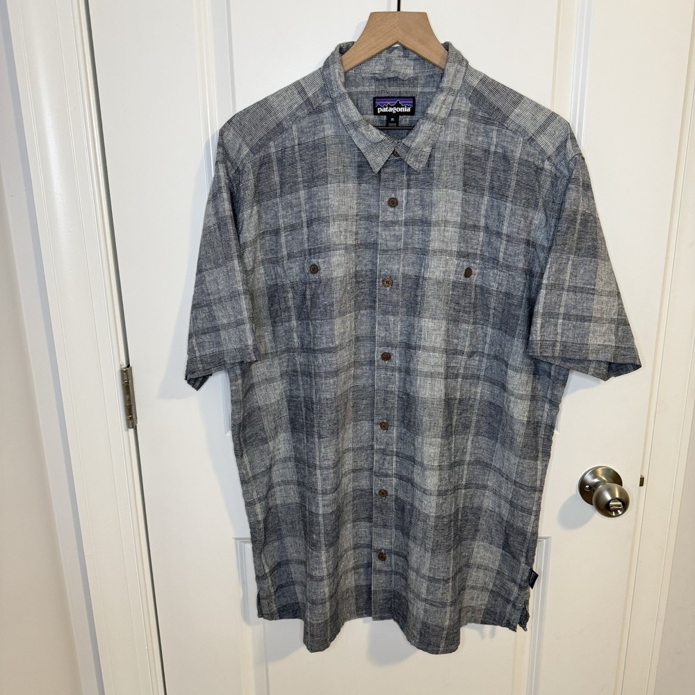 Patagonia Men's XL Hemp Cotton Gray Check Short Sleeve Button-Up Shirt Outdoor